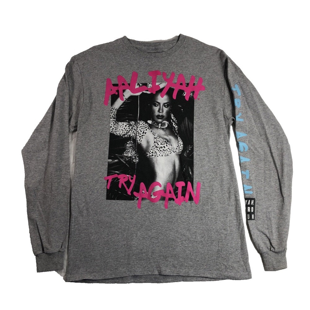 Aaliyah Try Again Tee Women's Size Small Gray‎ Long Sleeve T-Shirt Graphic Music